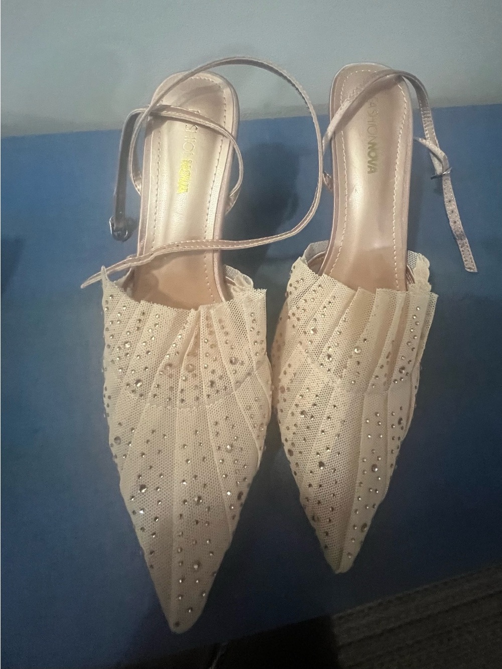 Fashion Nova Nude Rhinestone Pointed Slingback heels